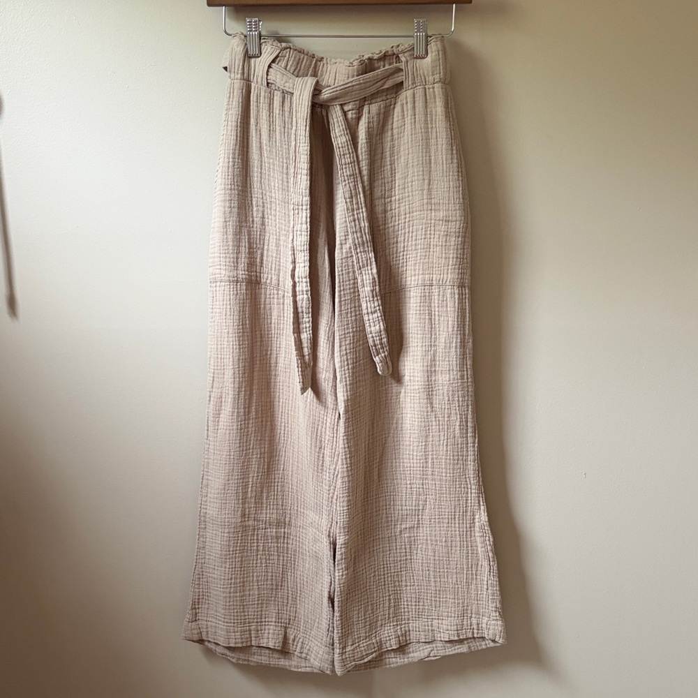 Light Beige Gauze Wide-Leg Tie-Waist Pants